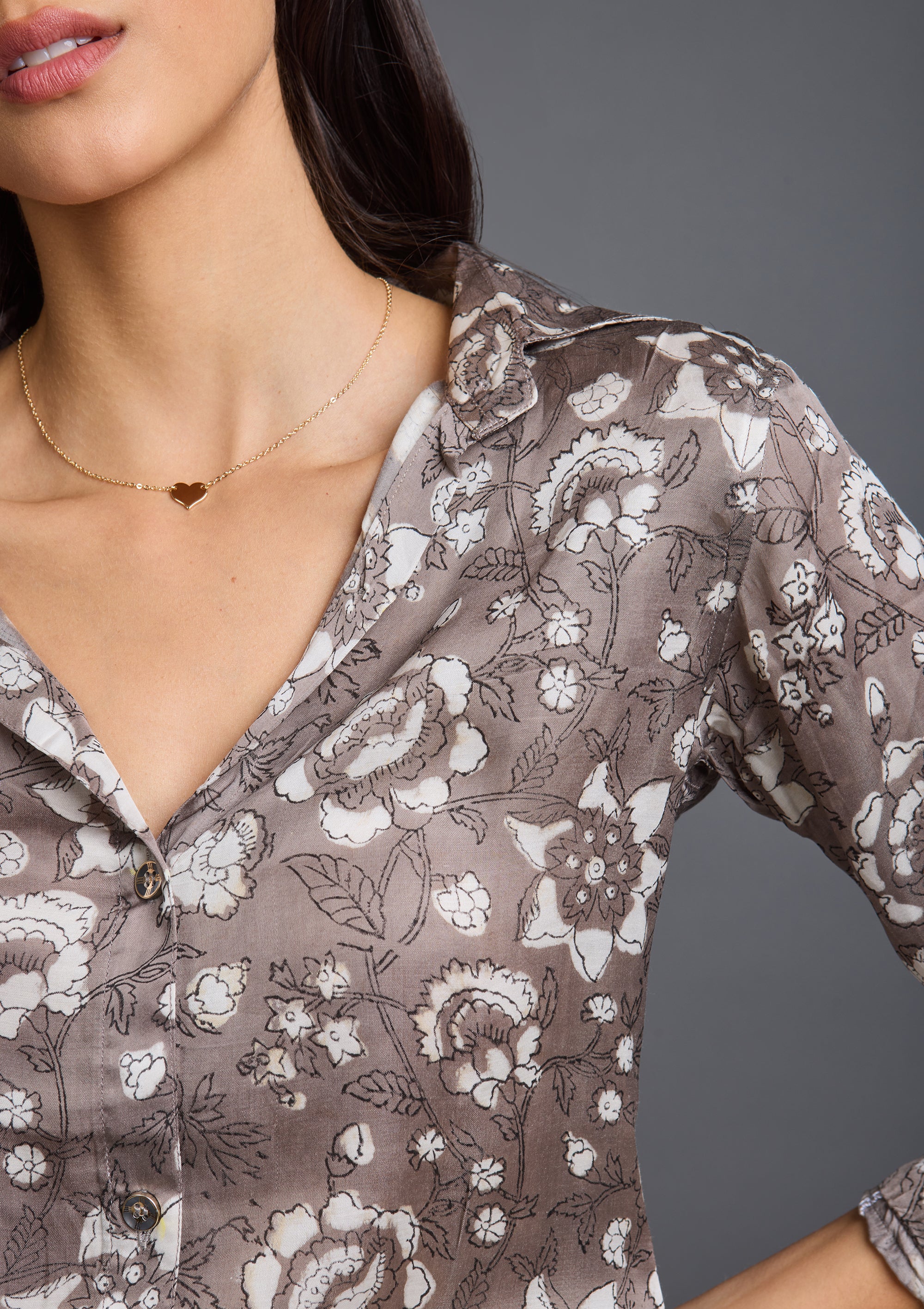 Iris Button Down Shirt - Grey Floral