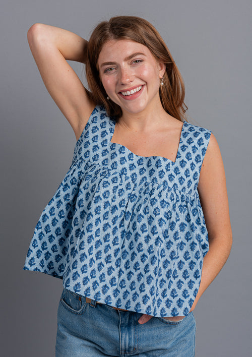 Atman Block Printed Cropped Top - Pastel Blue