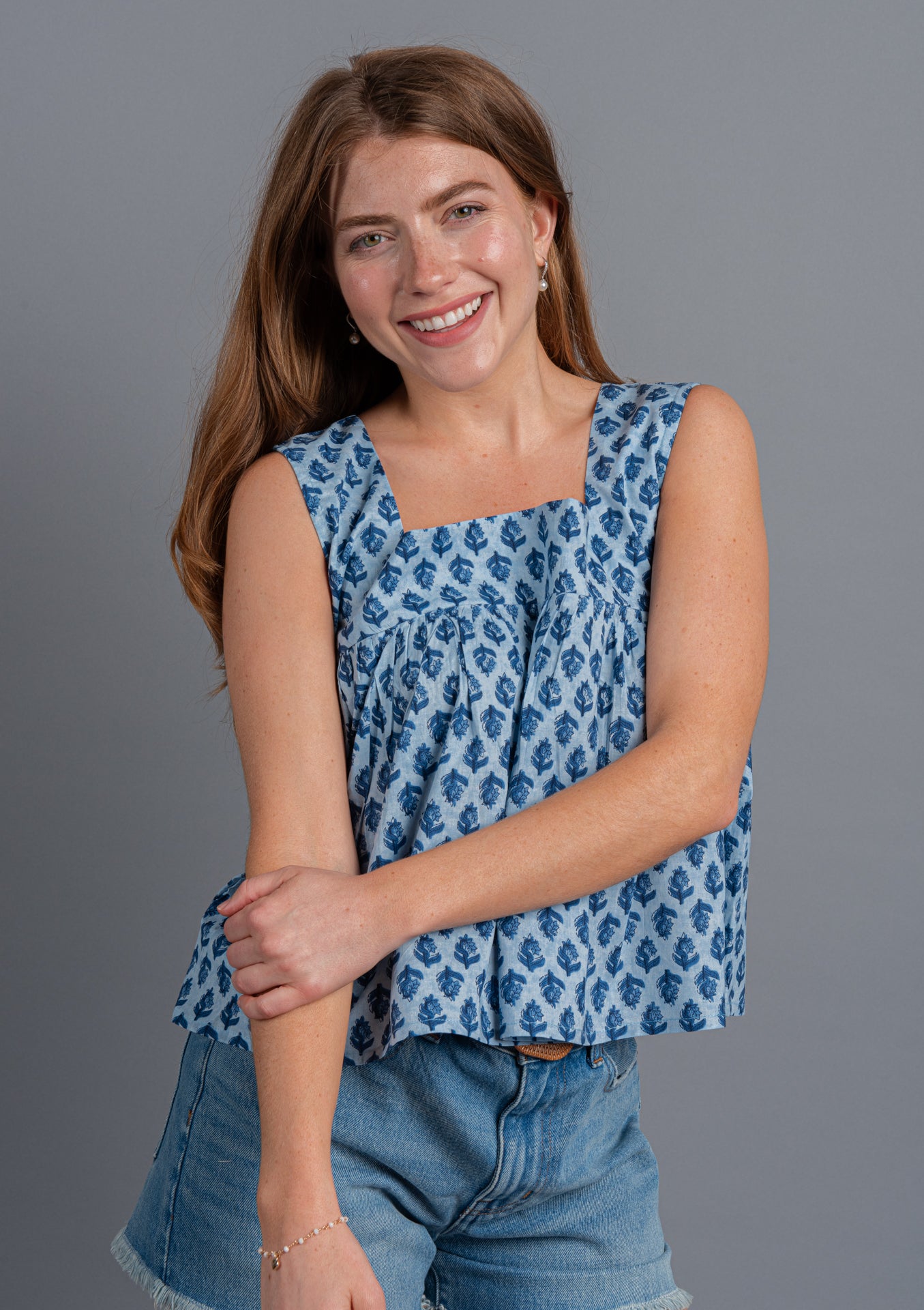 Atman Block Printed Cropped Top - Pastel Blue