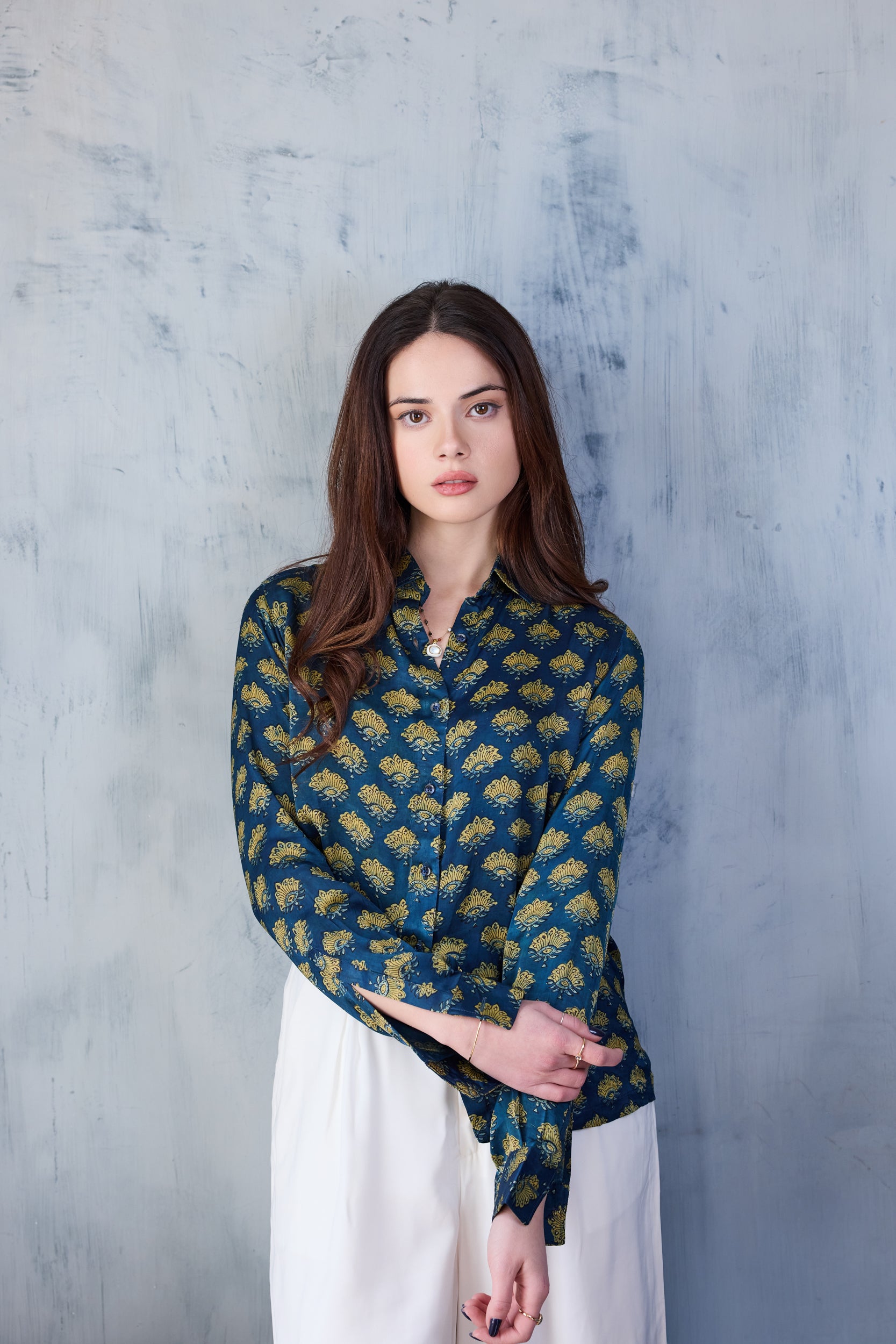 Iris Button Down Shirt - Deep Teal Butti