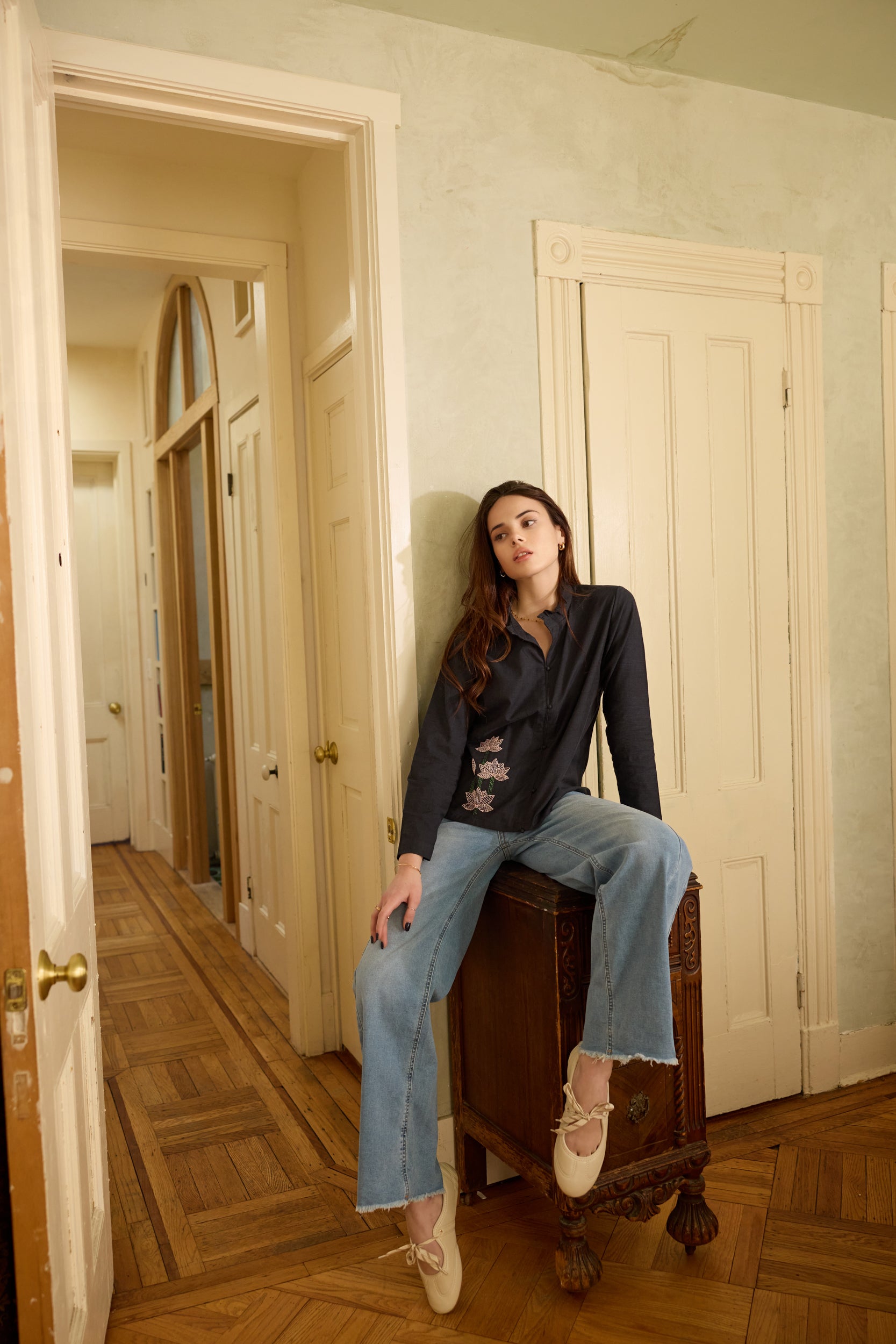 Irene Embroidered Blouse - Charcoal