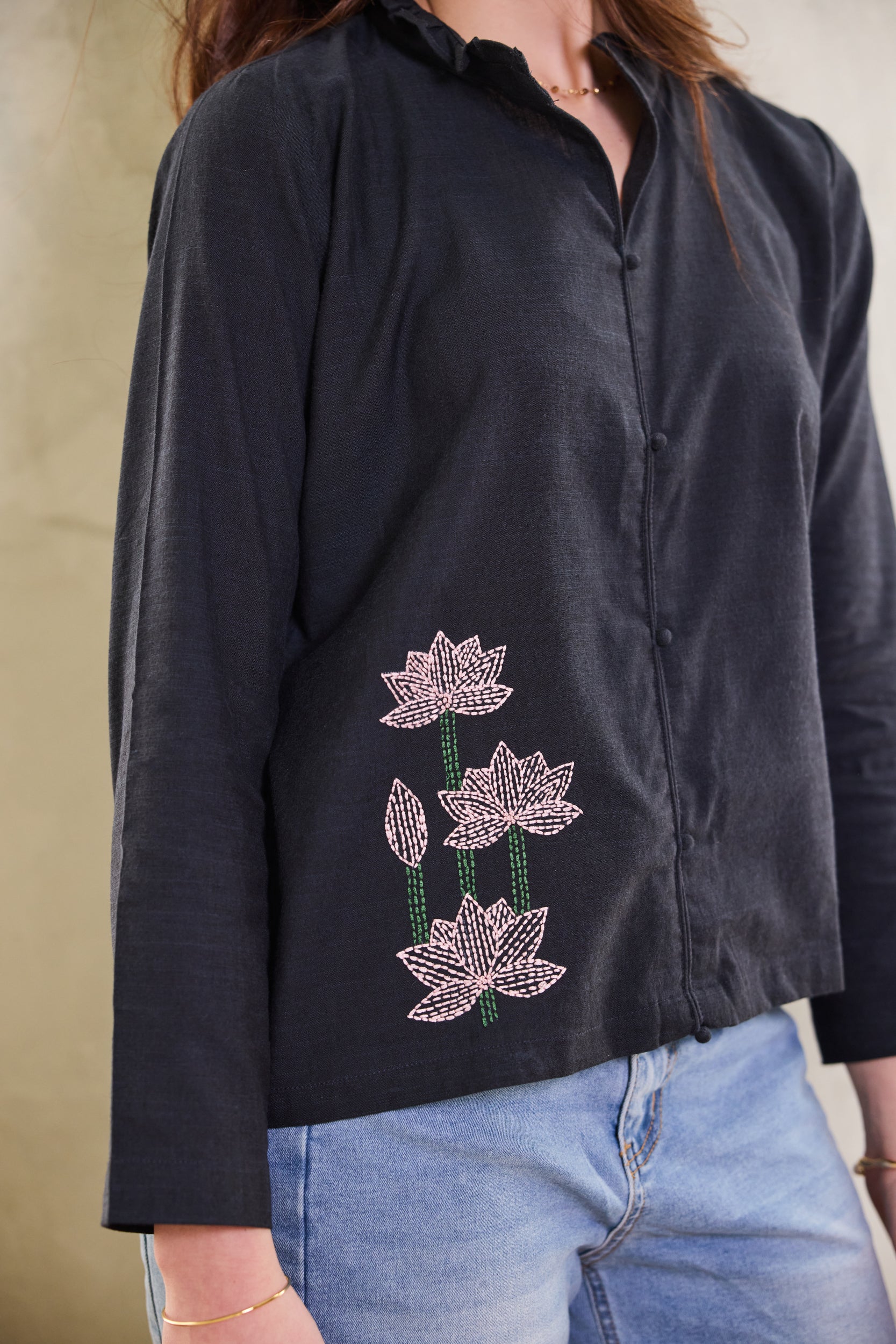 Irene Embroidered Blouse - Charcoal