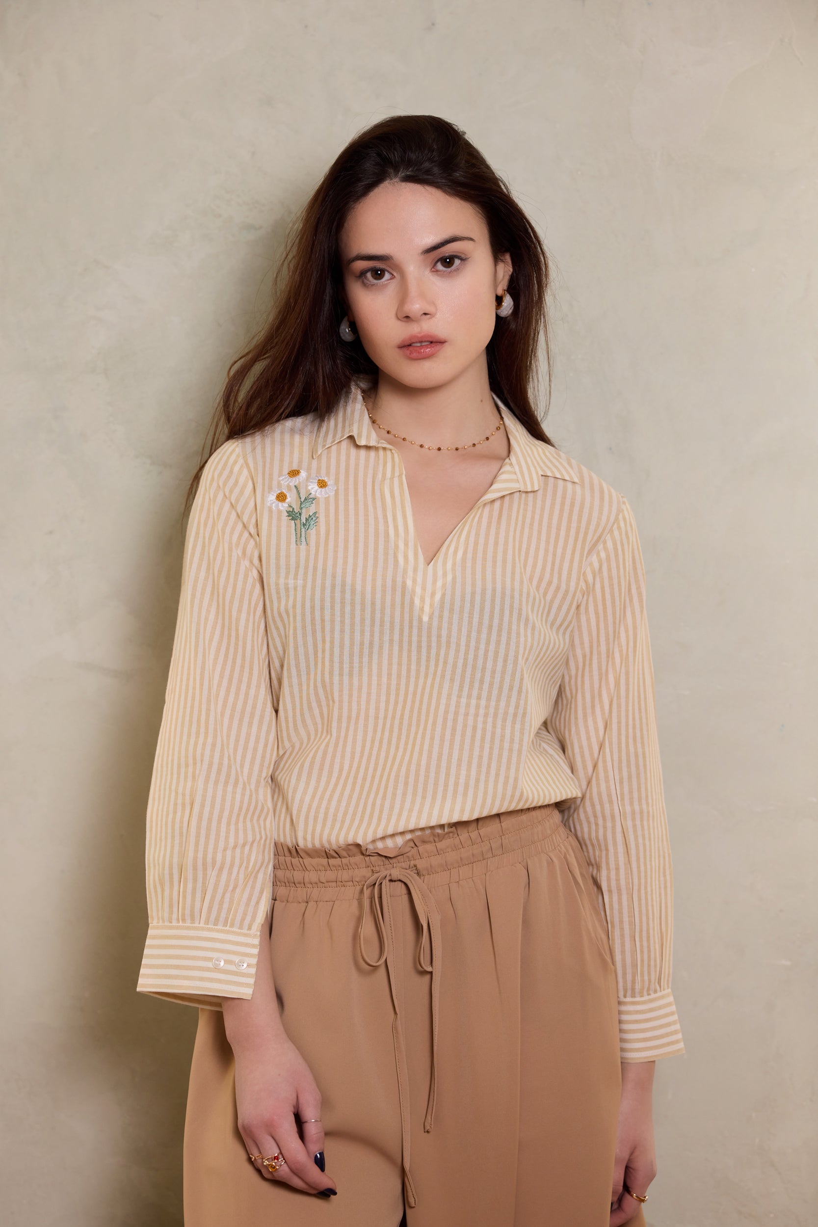 Aurelia Hand-embroidered Shirt - Honey Stripe