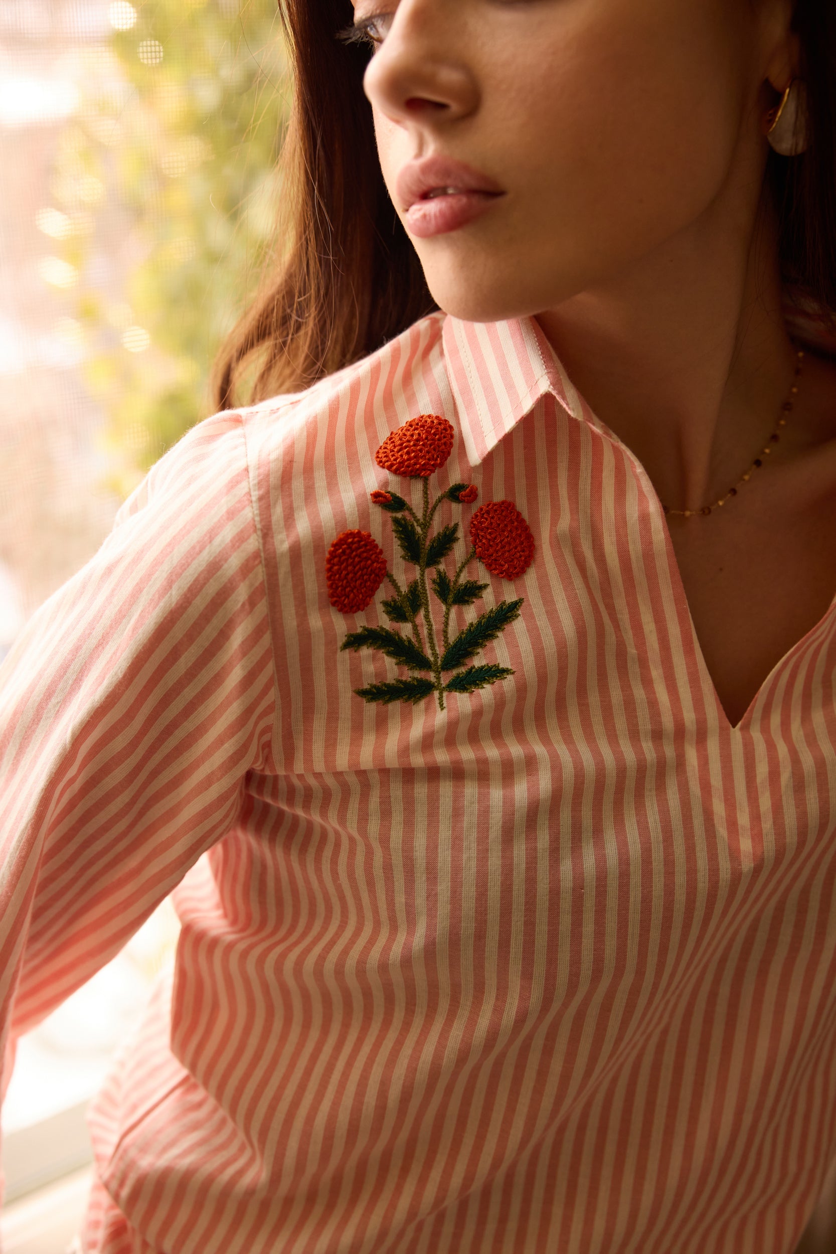 Aurelia Hand-embroidered Shirt - Peach Stripe