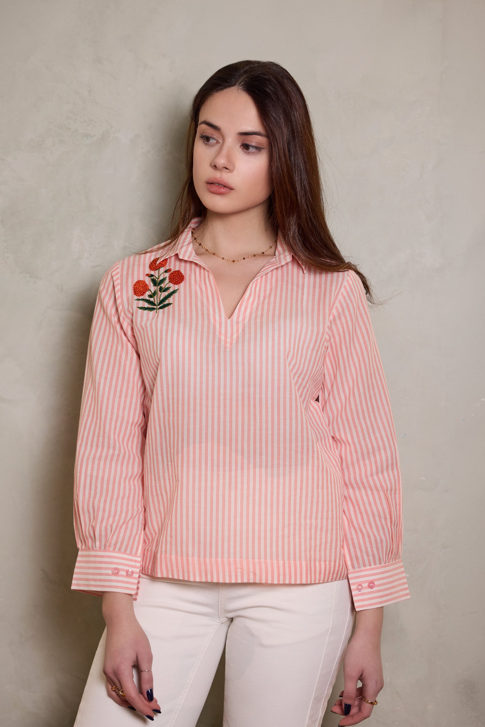 Aurelia Hand-embroidered Shirt - Peach Stripe