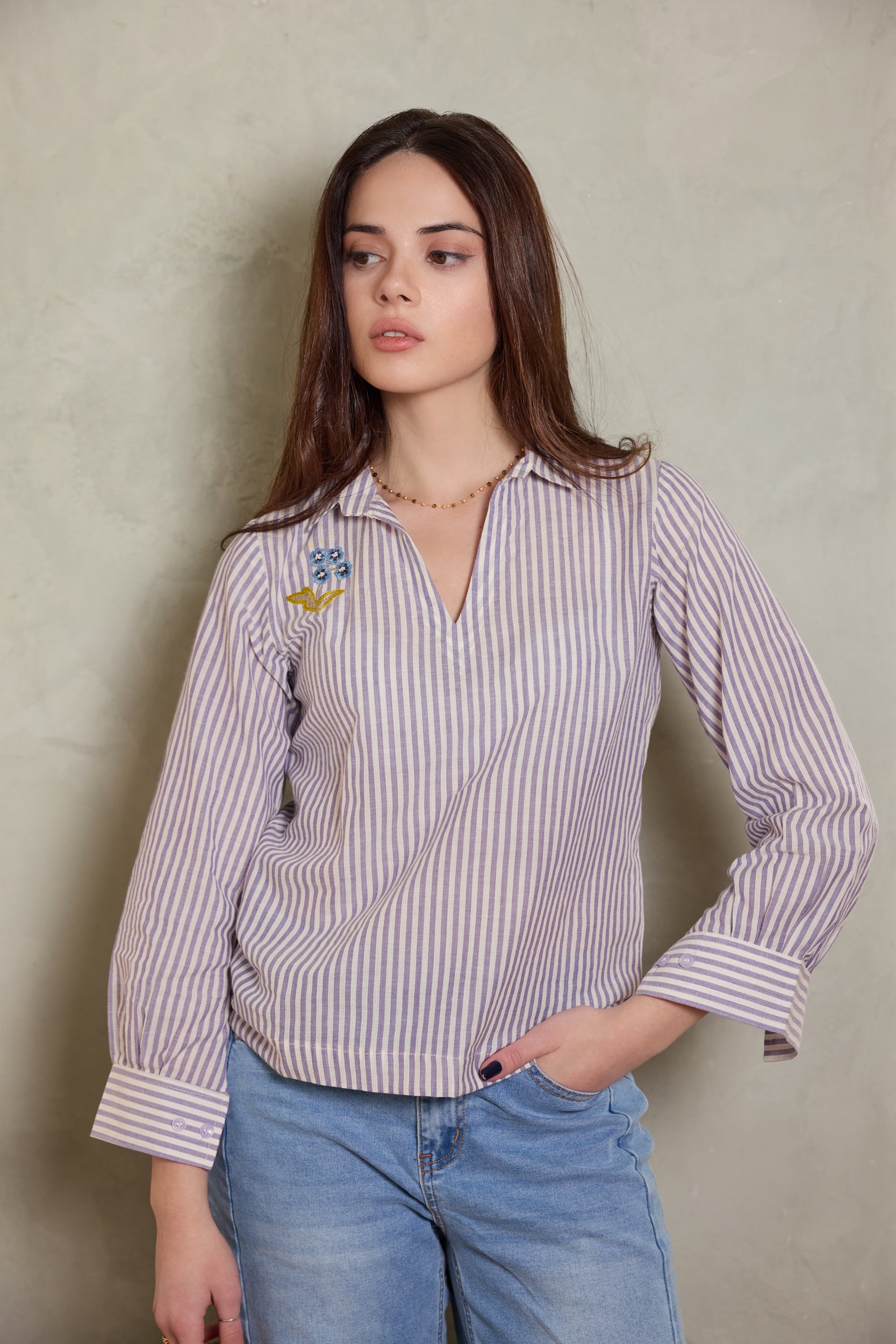 Aurelia Hand-embroidered Shirt - Lilac Stripe