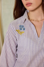 Aurelia Hand-embroidered Shirt - Lilac Stripe