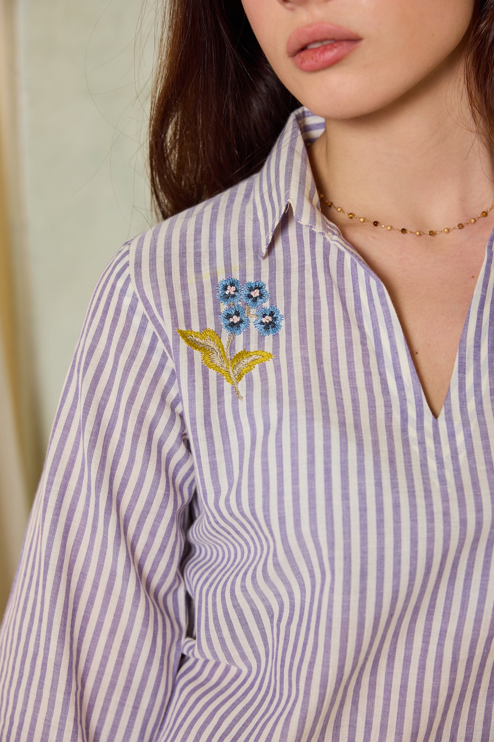 Aurelia Hand-embroidered Shirt - Lilac Stripe