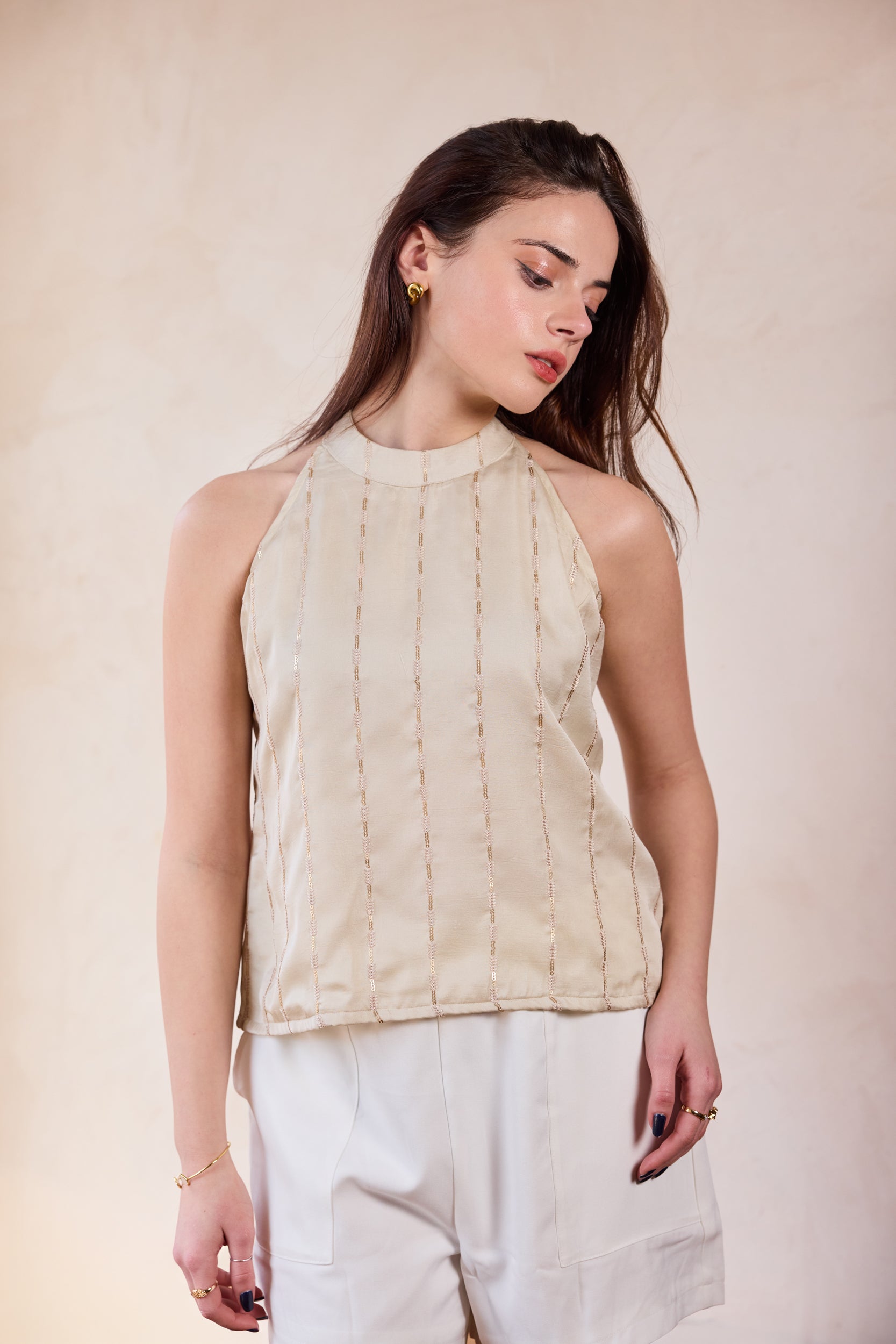 Dalia Halter Neck Top - Pearl