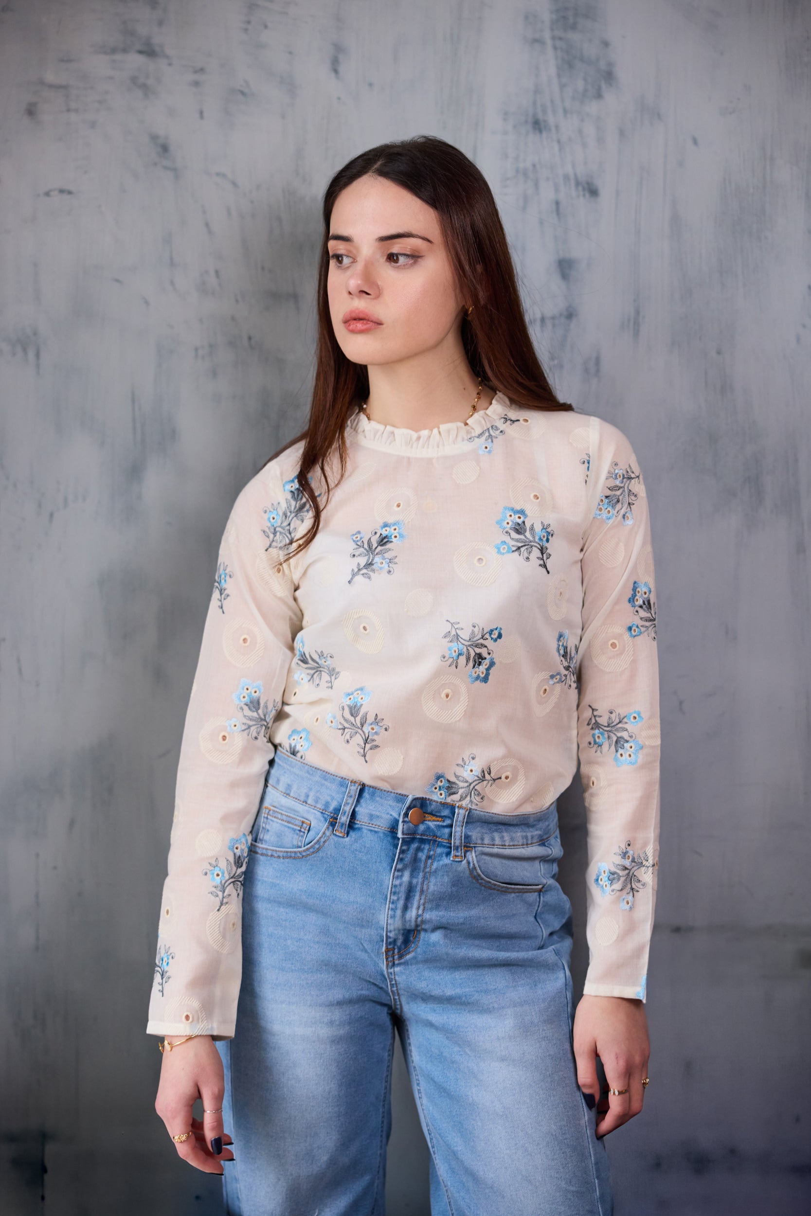 Aurora Embroidered Cotton Top - Blue & White