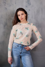 Aurora Embroidered Cotton Top - Teal & White
