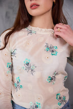 Aurora Embroidered Cotton Top - Teal & White