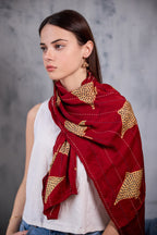 Oob Hand Embroidered Modal Silk Scarf - Madder Red