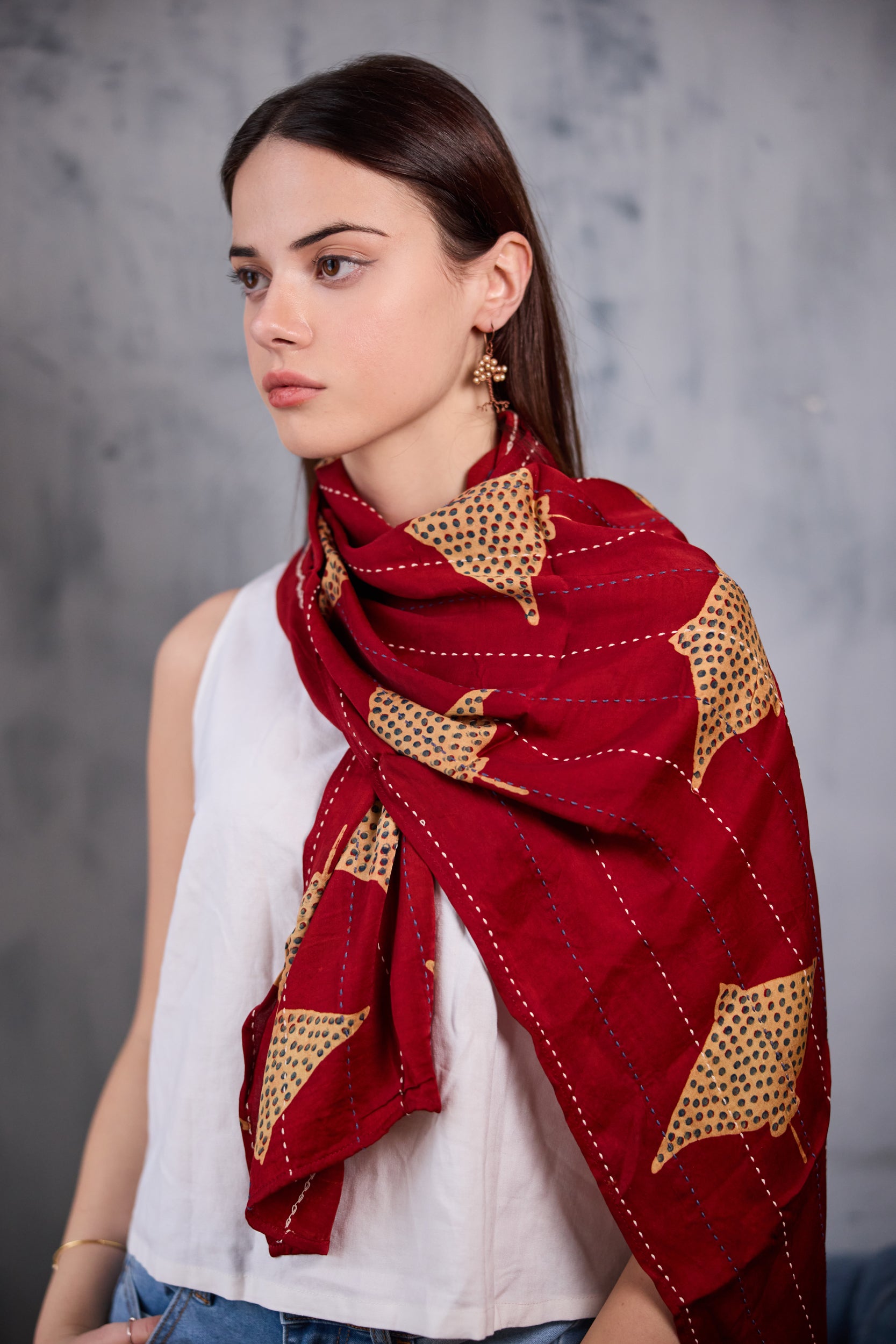 Oob Hand Embroidered Modal Silk Scarf - Madder Red