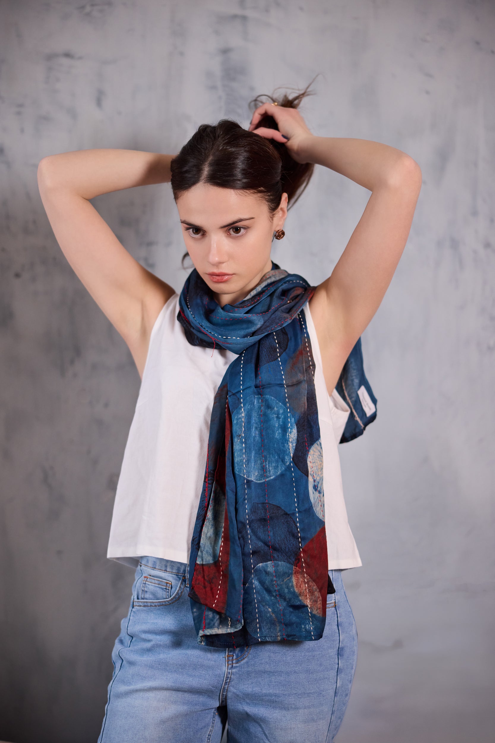 Oob Hand Embroidered Modal Silk Scarf - Indigo Moon