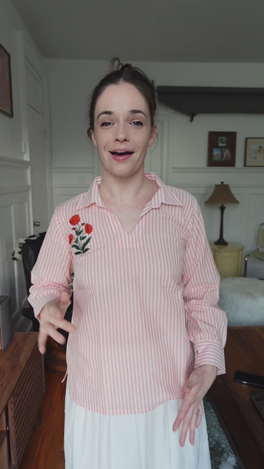 Aurelia Hand-embroidered Shirt - Peach Stripe